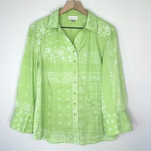Coldwater Creek 3/4 Sleeve Button-Up Shirt L Green Floral Cotton Blend Boho